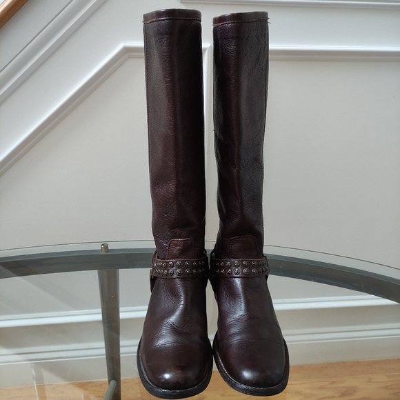 FRYE Phillip Studded Brown Leather Harness Tall Leather Boots women's 9B - Picture 4 of 16